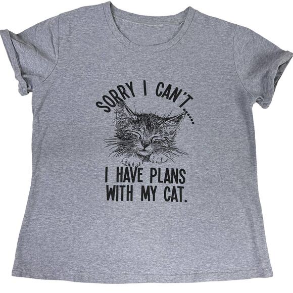 Sorry I Can’t I Have Plans with My Cat Tee Shirt TShirt Gray Short Sleeve Crew N - Picture 1 of 9